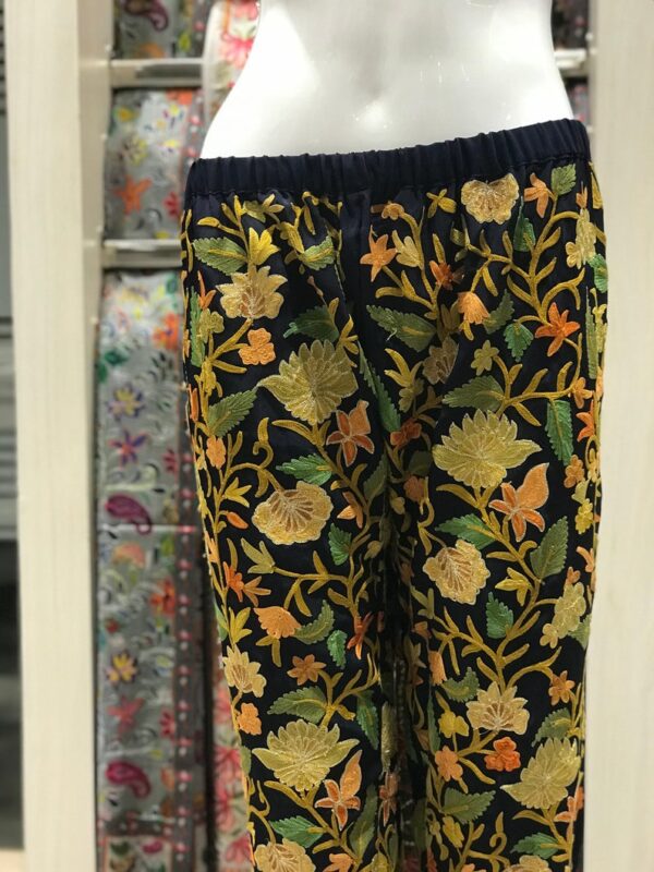 Navy Blue Women Trouser with All Over Floral Embroidery close up