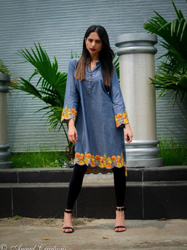 Denim Tunic Top Featuring Thread Embroidery with Scalping 2