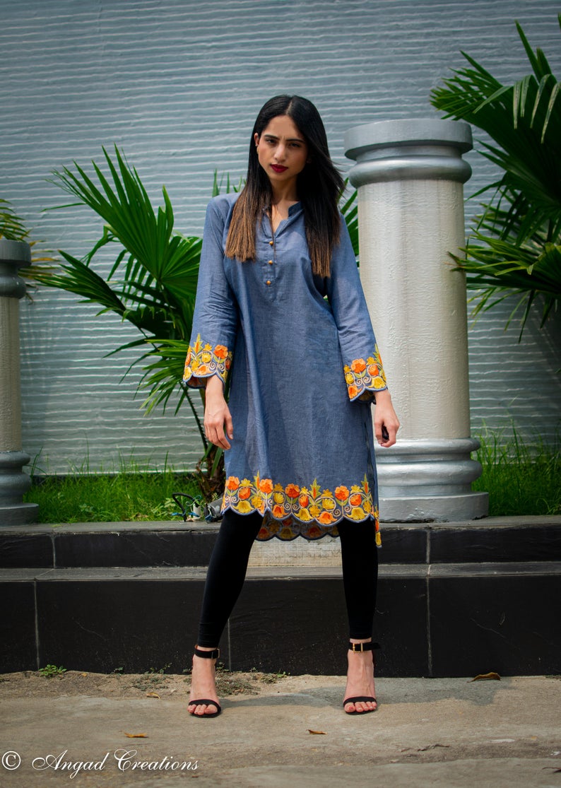 Denim Tunic Top Featuring Thread Embroidery with Scalping 2