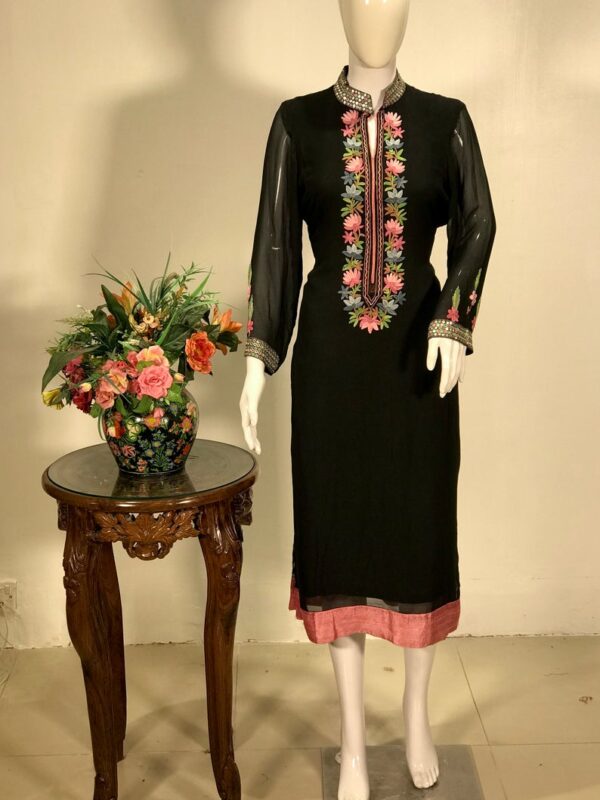 Black Women Kurta with Hand Mirror Work and Aari Embroidery