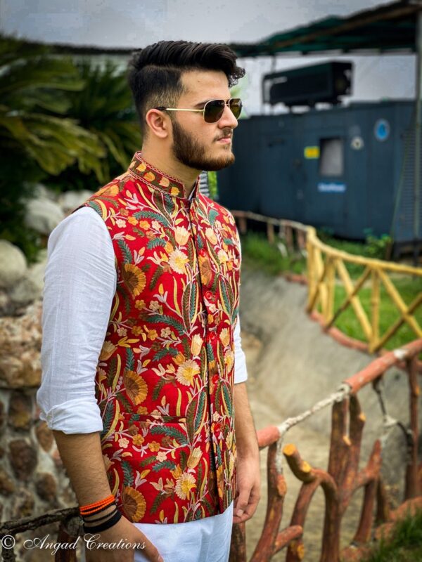 Red Modi Jacket with Chinar Embroidery wide