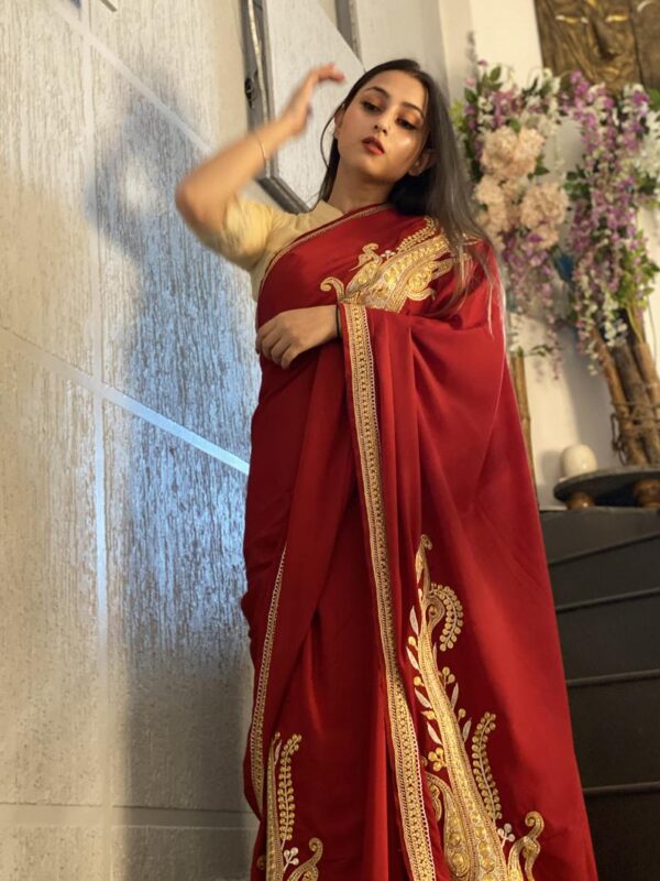 Red Crepe Tilla Chaputri Hand Work Saree 2