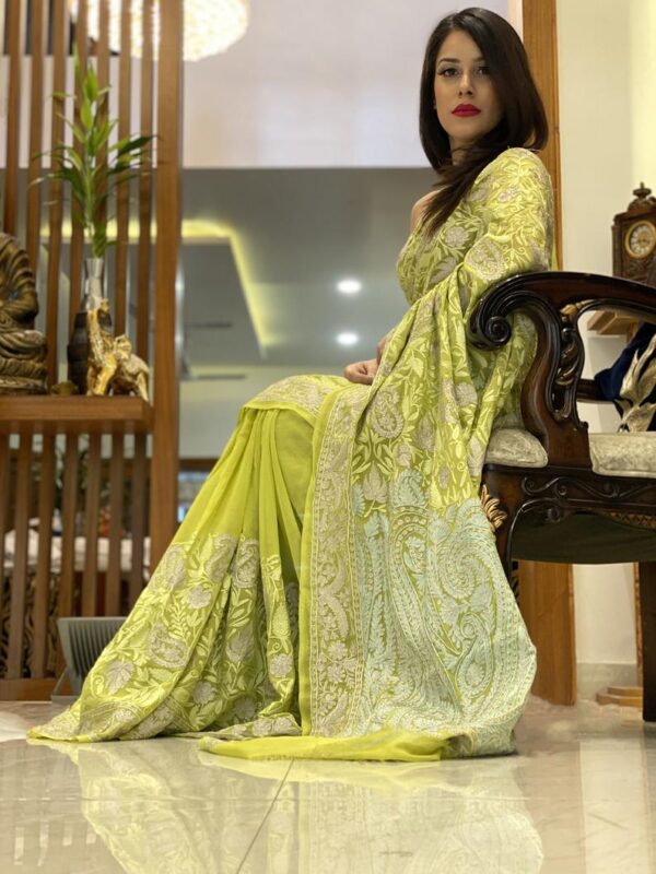 Green All Over Embroidered Kashmiri Saree