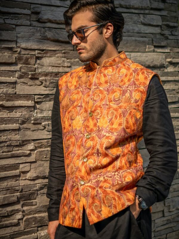 Beige Nehru Jacket with Paisley Jaal Embroidered close up