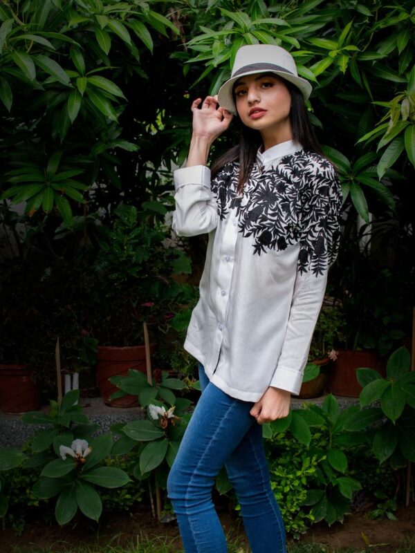 White Embroidered Cotton Shirt with Black Floral Thread Embroidery
