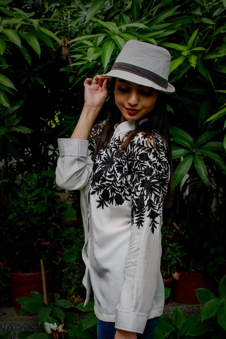 White Cotton Shirt with Black Floral Thread Embroidery