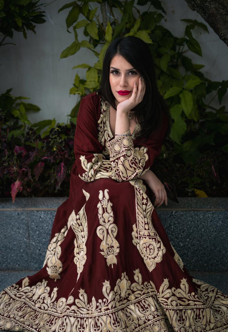 Wine Fit n Flare Dress with Puff Tilla Embroidery