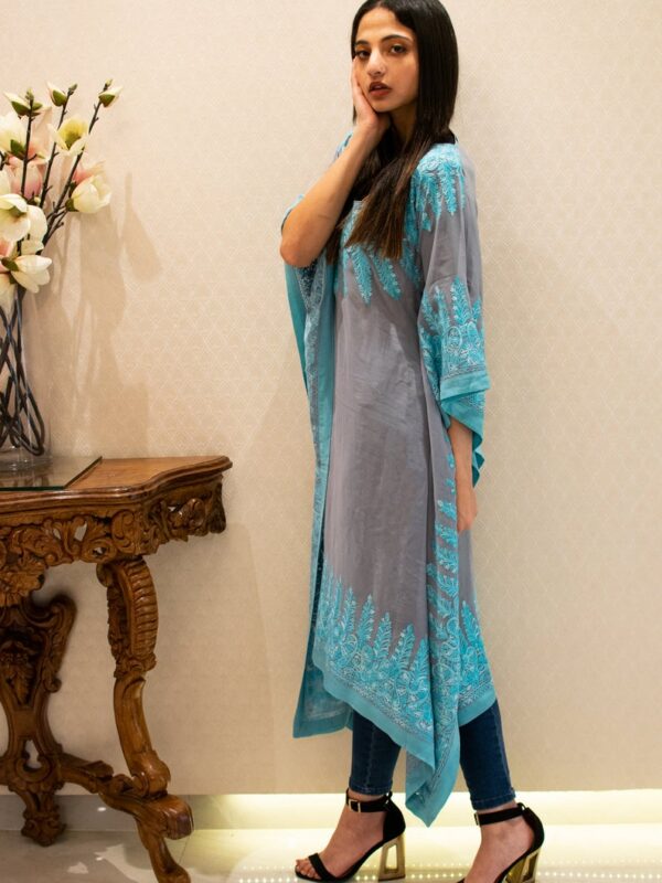 Grey Kashmiri Kaftan with Turquoise Aari Embroidery 2