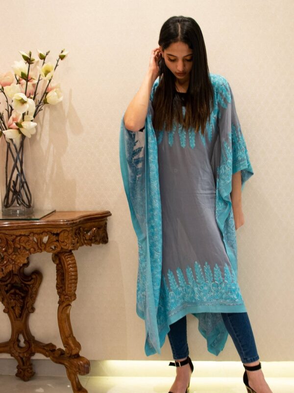 Grey Kashmiri Kaftan with Turquoise Aari Embroidery