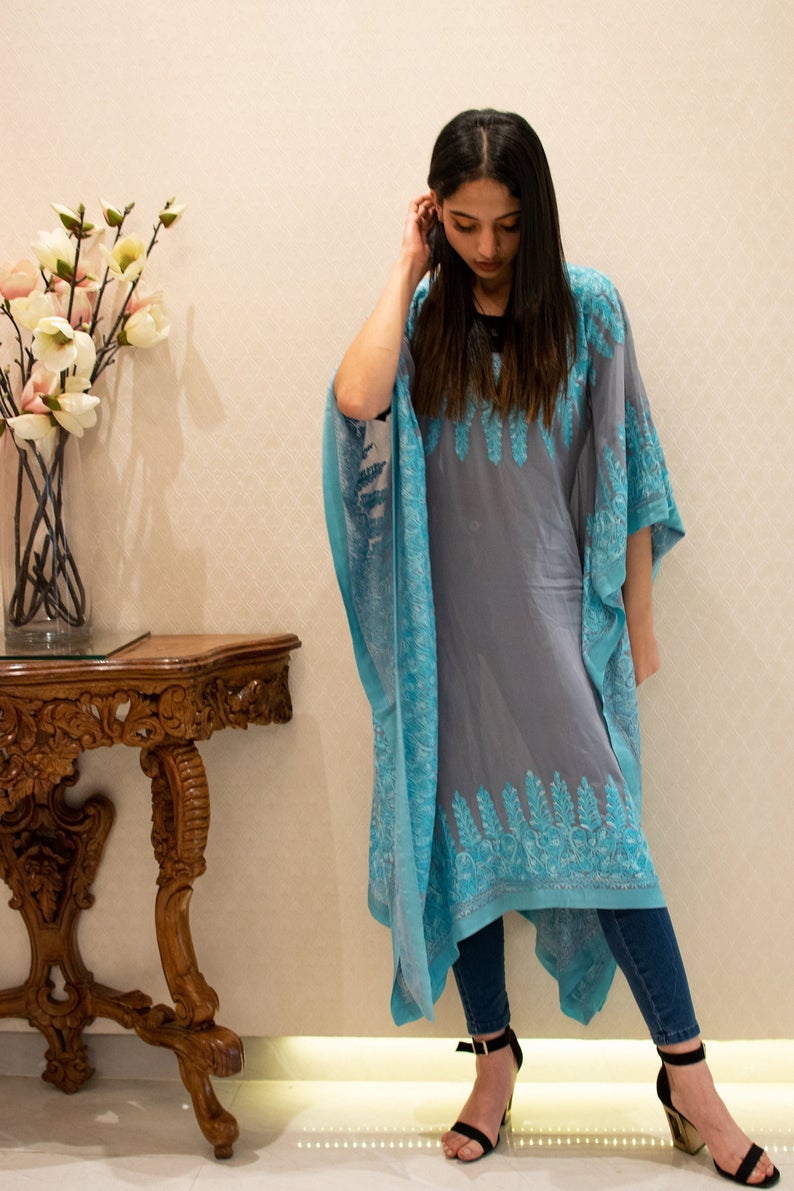 Grey Kashmiri Kaftan with Turquoise Aari Embroidery
