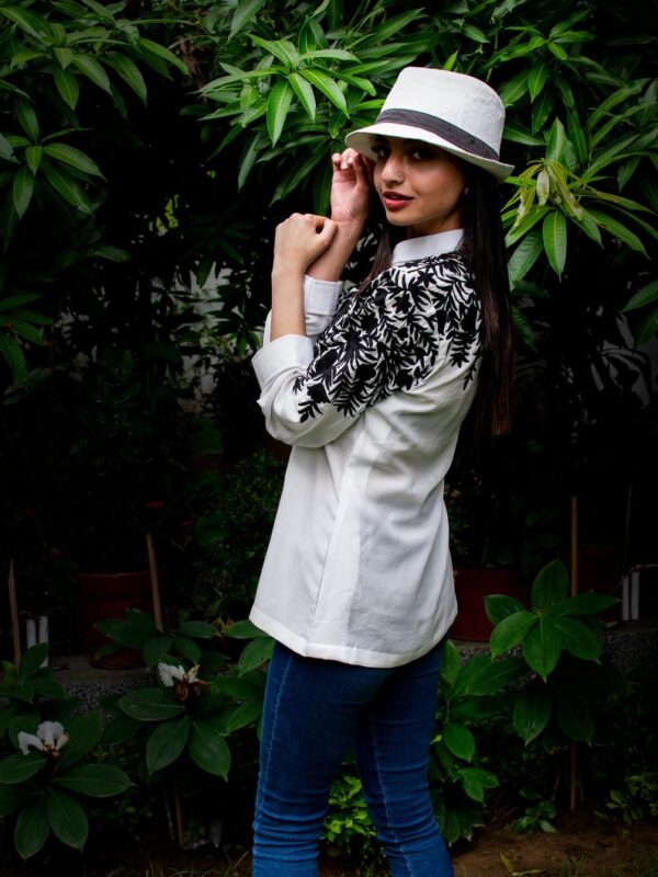 White Embroidered Cotton Shirt with Black Floral Thread Embroidery 2