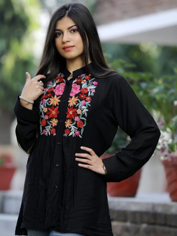 Black Cotton Pleated Shirt with Thread Embroidered Yoke