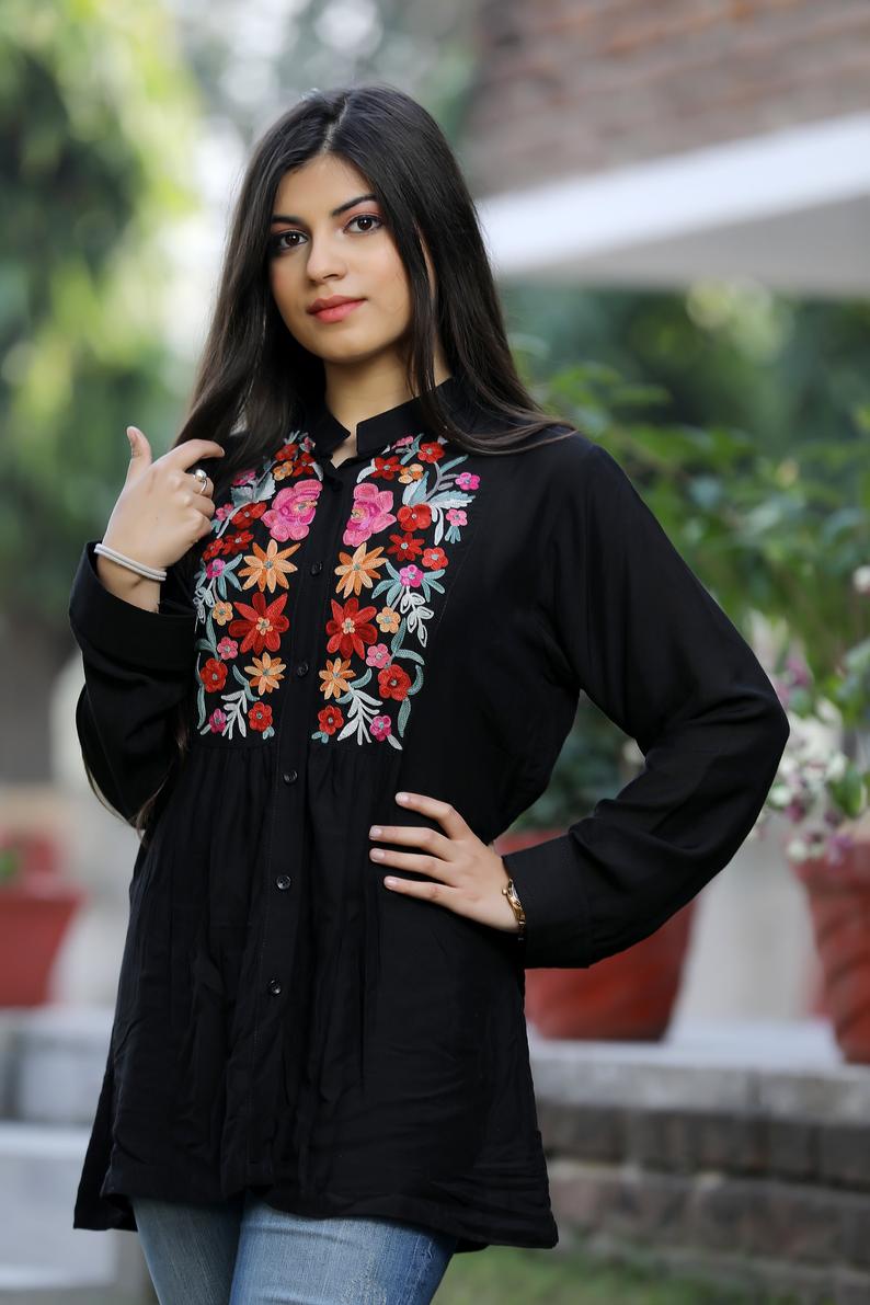 Embroidered Black Shirt, Girls Embroidered Shirts, Women Tops