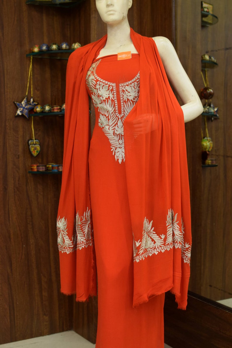 Silk Suit- Heavy neck embroidery with tilla Aari work | Kashmir Market