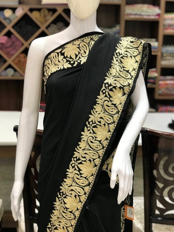 Pure Crepe Saree with Golden Zari Embroidery