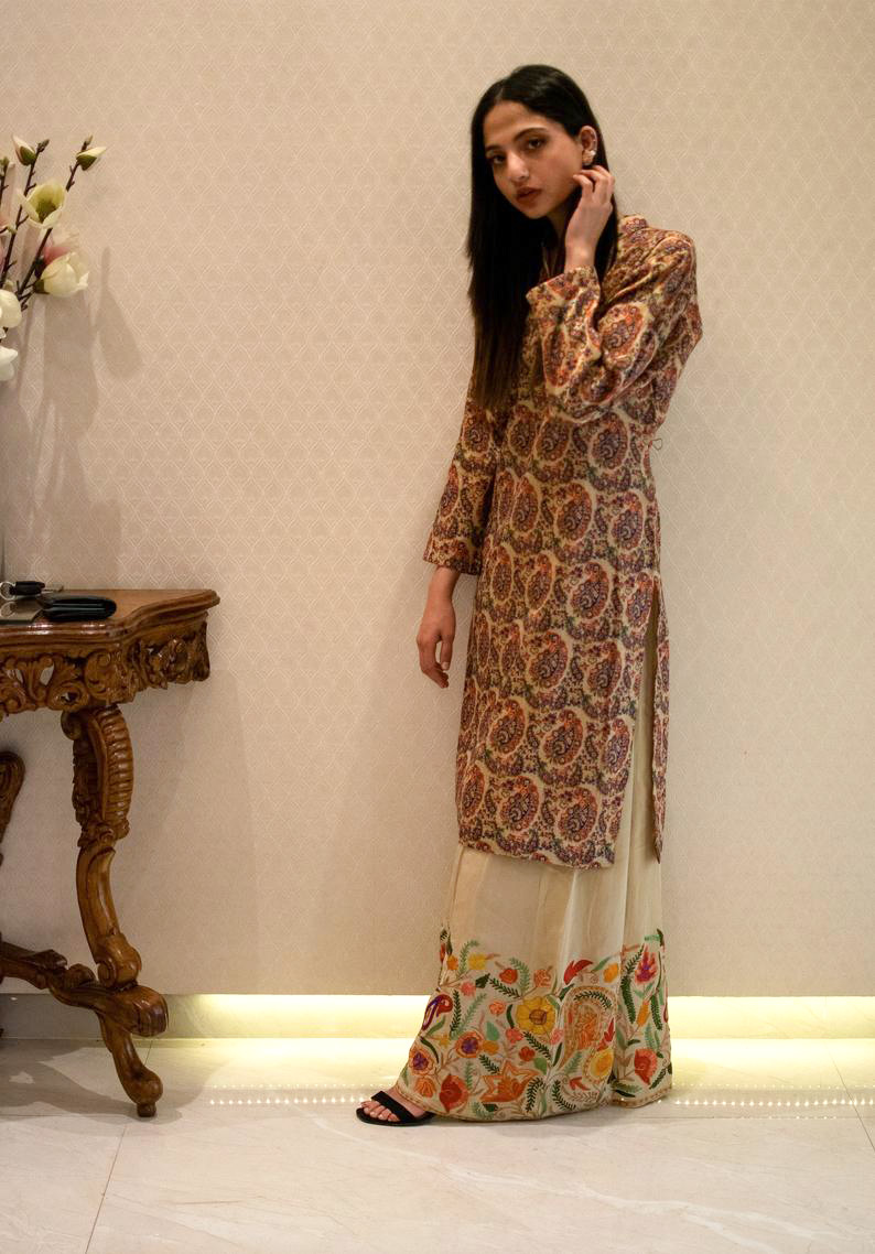 Beige Women Sharara with Rich Floral Embroidery, Embroidered Shararas