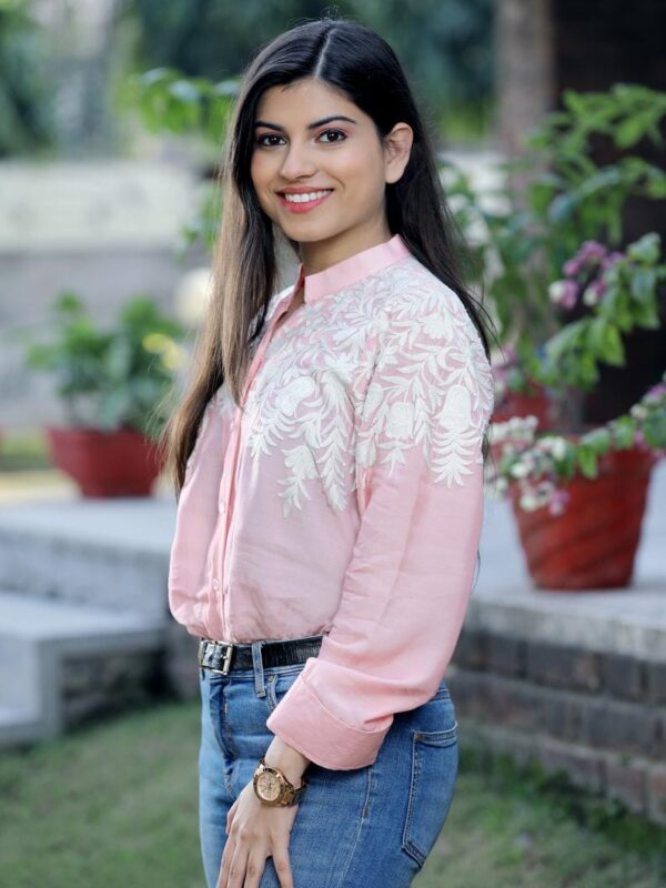 Pink Cotton Shirt with Cream Floral Thread Embroidery front