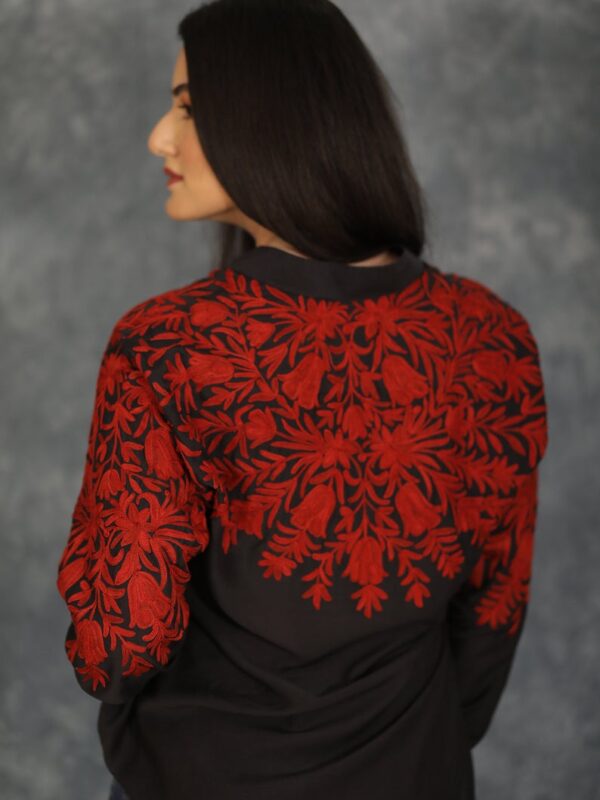 Black Cotton Shirt with Red Floral Thread Embroidery Back