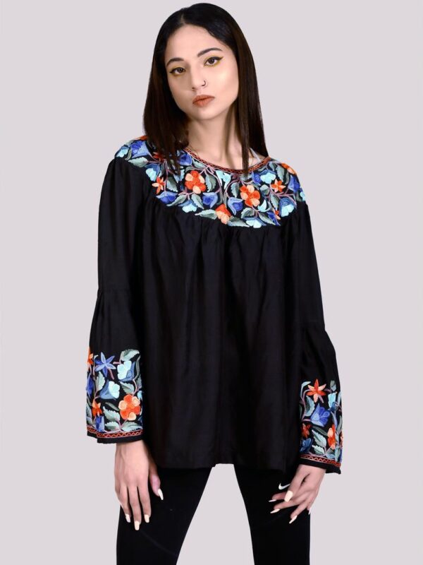 Bell Sleeves Top with Silk Thread Embroidery: Black Front