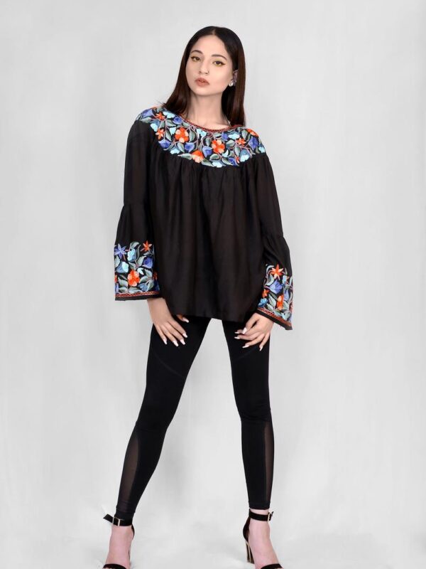 Bell Sleeves Top with Silk Thread Embroidery: Black