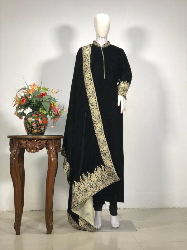 Tilla Embroidered Band Neck Velvet Salwar Suit: Black