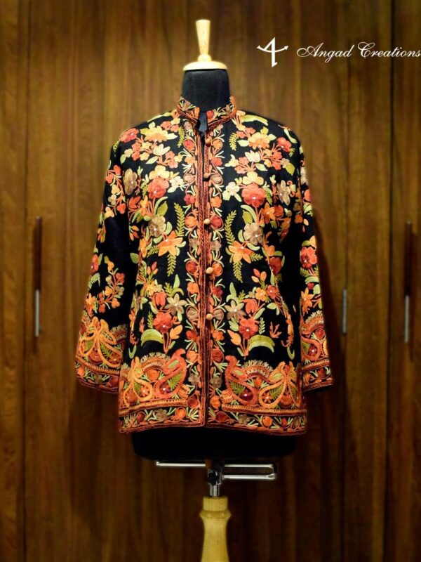 Short Black Woollen Jacket with Floral Embroidery
