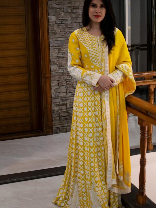 Yellow Dress with All-Over White Kashmiri Embroidery lobby view
