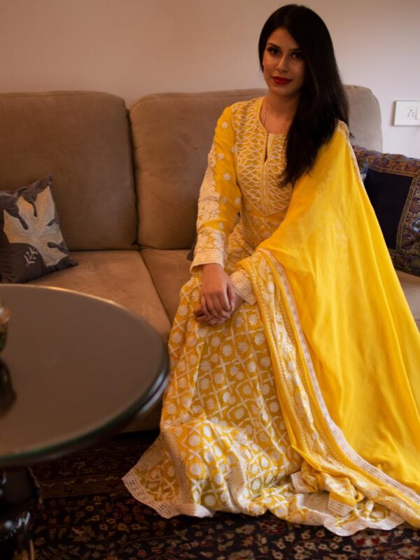 Yellow Dress with All-Over White Kashmiri Embroidery