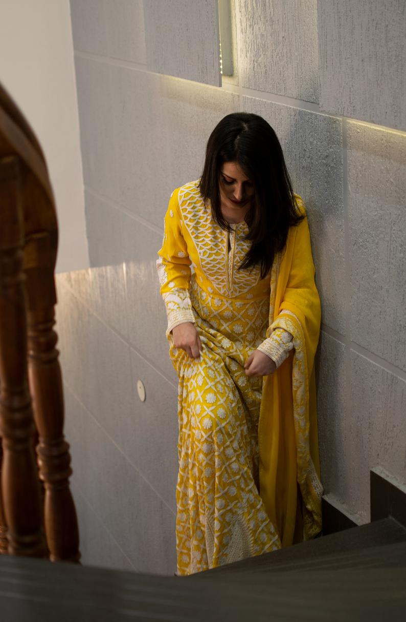 Yellow Dress with All-Over White Kashmiri Embroidery stairs view
