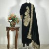 Tilla Embroidered Band Neck Velvet Salwar Suit: Black back side