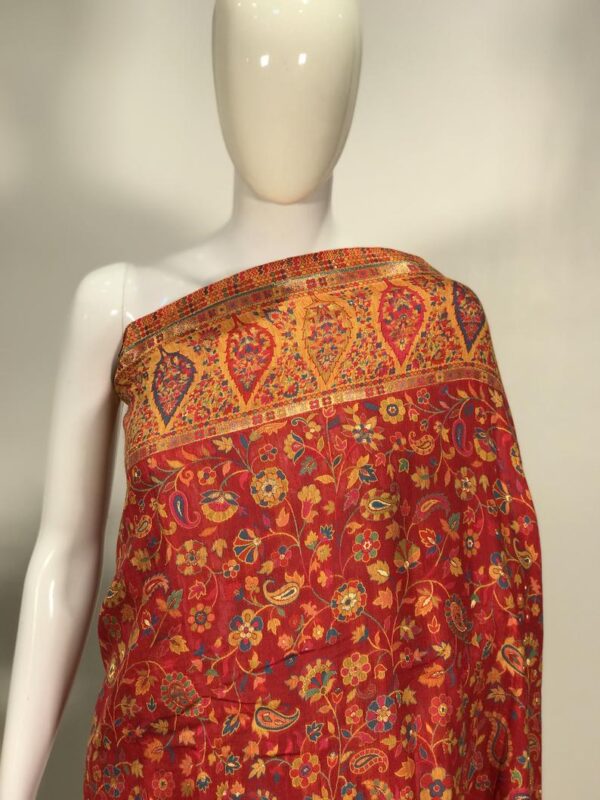Red Modal Silk Kani Weave Saree close up