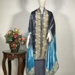 Gloss Velvet Ombre Cape Shawl with Tilla Embroidery: Grey and Turquoise