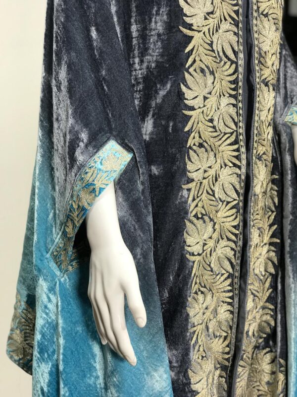 Silk Velvet Ombre Cape with Tilla Embroidery: Grey and Turquoise side view