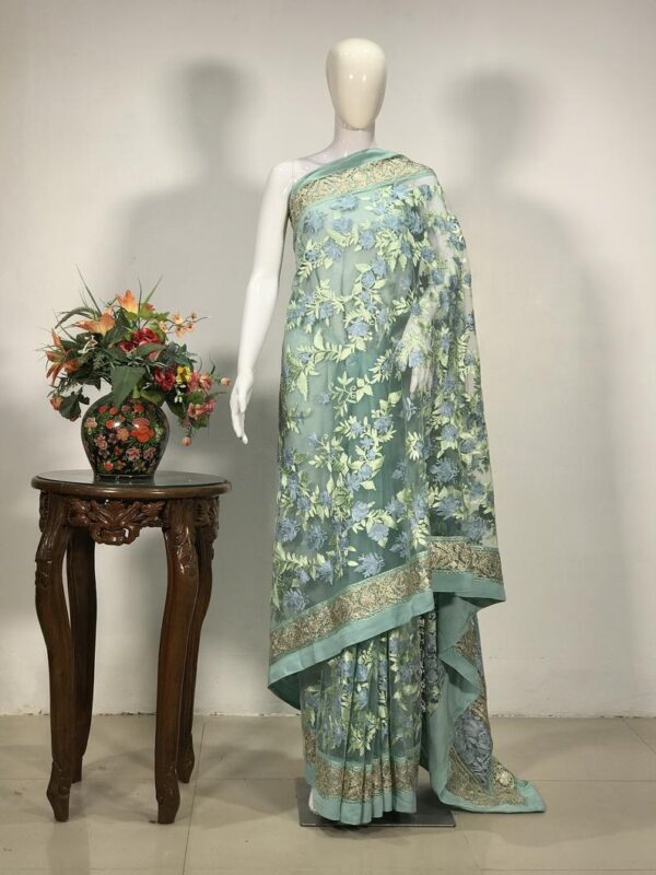 Green Kashmiri Floral Jaal Embroidered Net Saree