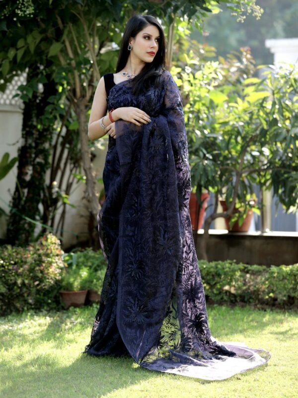 Charcoal Organza Sari with Kashmiri Aari and Hand Sequence Work side