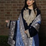 Flowy Navy Blue Velvet Phiran with Tilla Embroidery