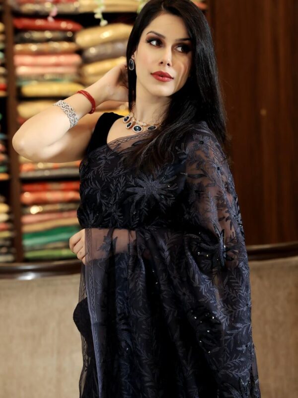 Charcoal Organza Sari with Kashmiri Aari and Hand Sequence Work