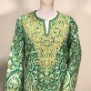 Green Pure Wool Kashmiri Phiran with Jaal Paisley Embroidery close up
