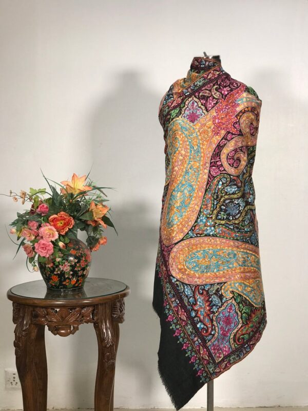 Black Papier Mache Paisley Jama Pure Pashmina Shawl wrap around