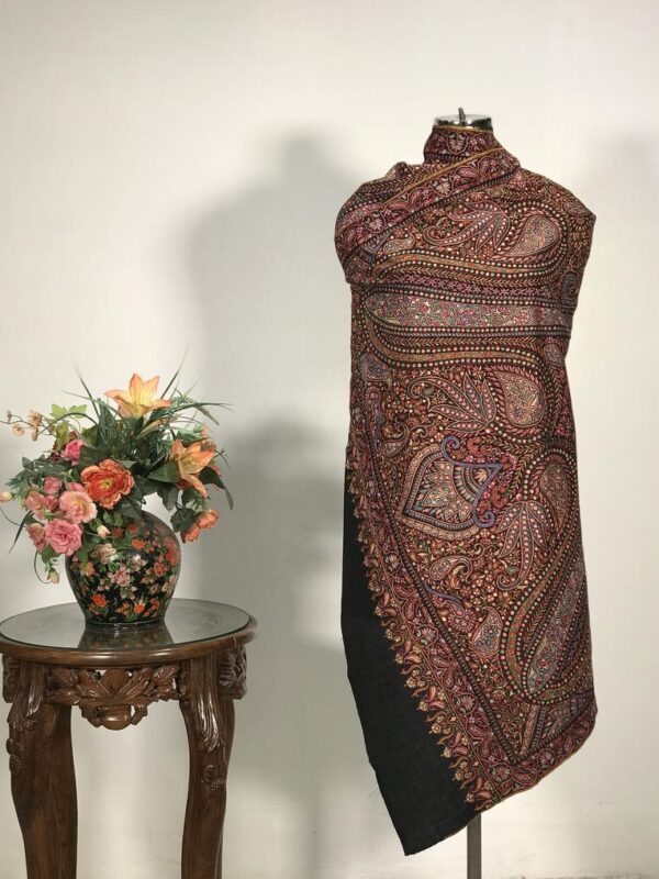 Black Papier Mache Intricate Jamawar Pure Pashmina Shawl
