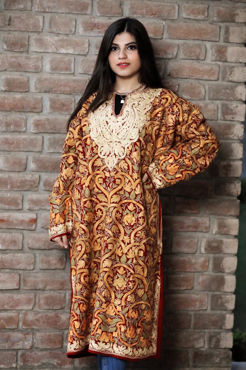 Red Pure Wool Kashmiri Phiran with Jaal Paisley Embroidery