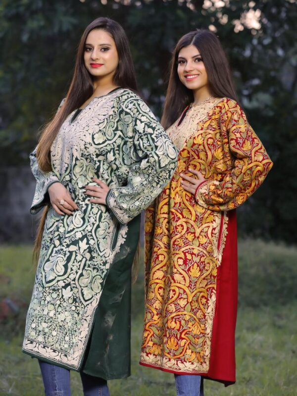 Dark Green Pure Wool Kashmiri Phiran with Jaal Paisley Embroidery side