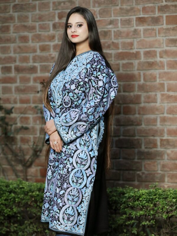 Black Pure Wool Kashmiri Phiran with Jaal Paisley Embroidery