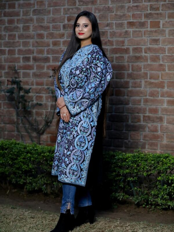Black Pure Wool Kashmiri Phiran with Jaal Paisley Embroidery side