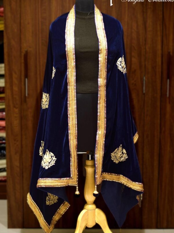 Navy Blue Velvet Shawl with Chinar Boteh Work