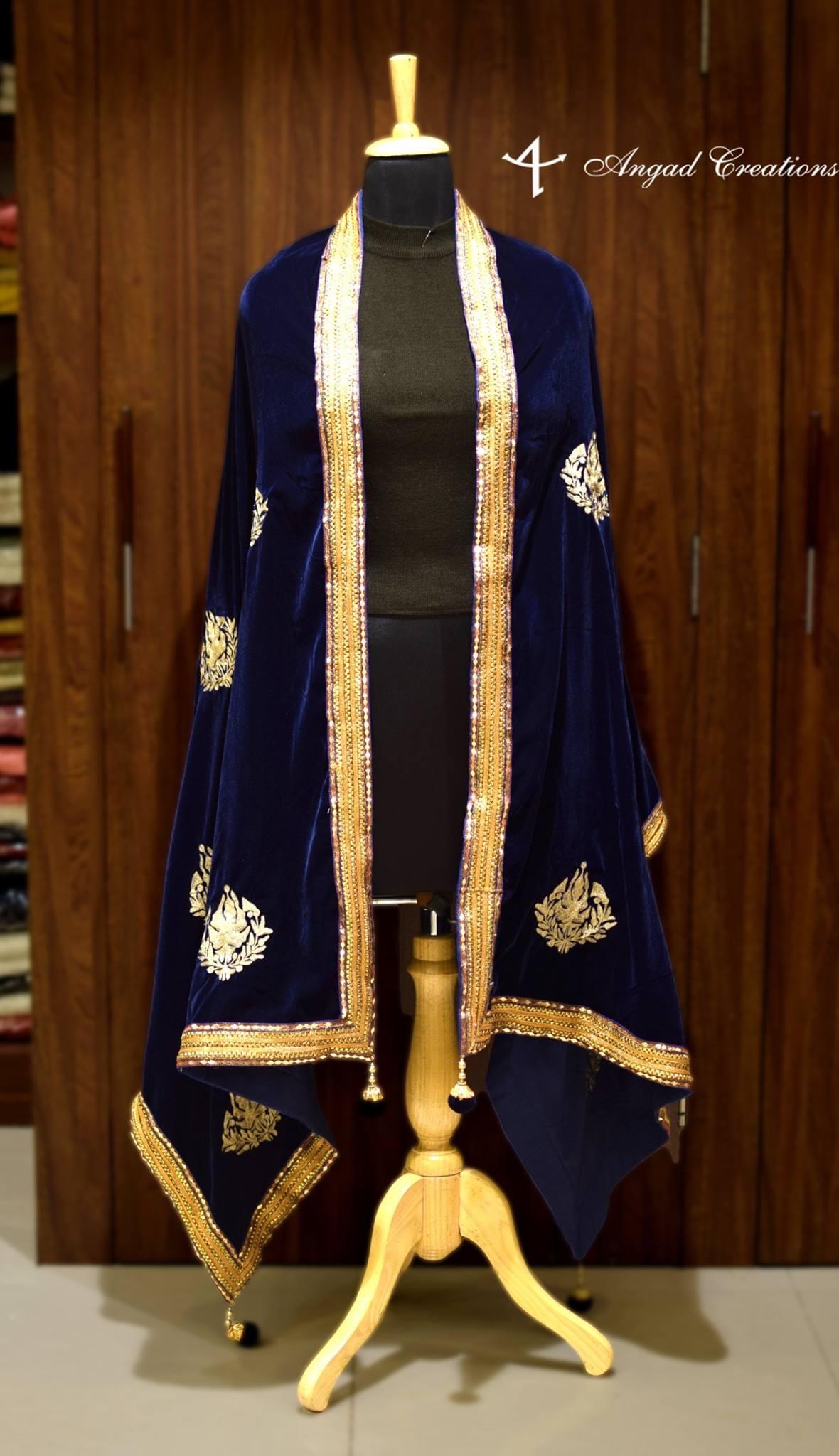 Navy Blue Velvet Shawl with Chinar Boteh Work