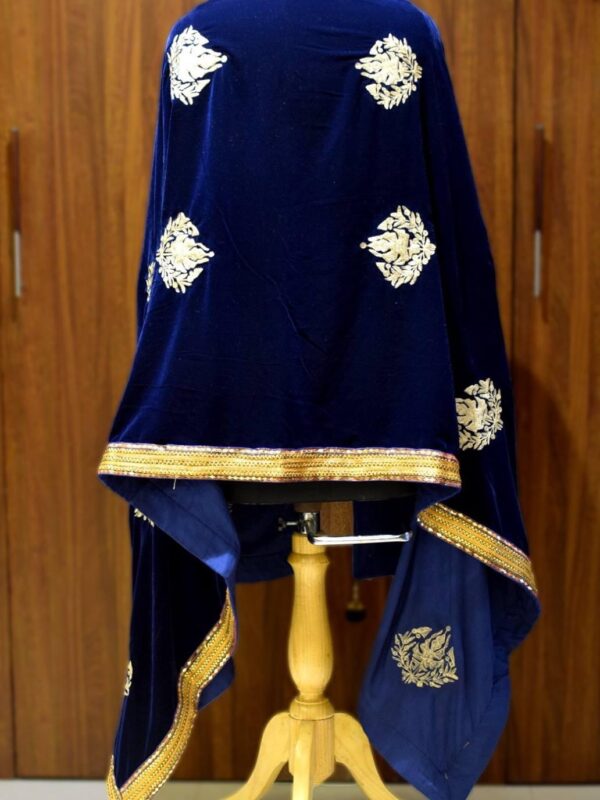 Navy Blue Velvet Shawl with Chinar Boteh Work back view
