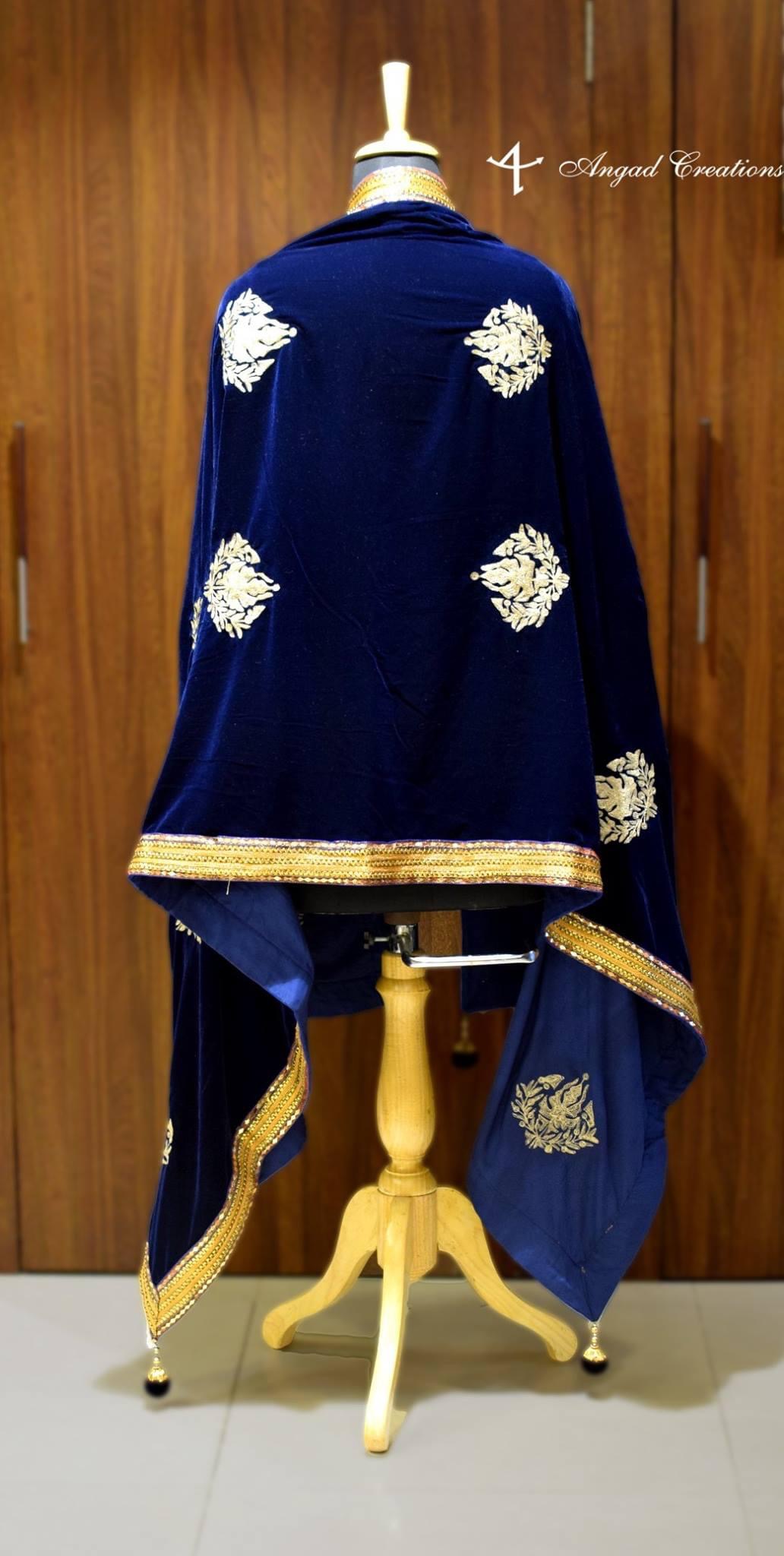Navy Blue Velvet Shawl with Chinar Boteh Work back view
