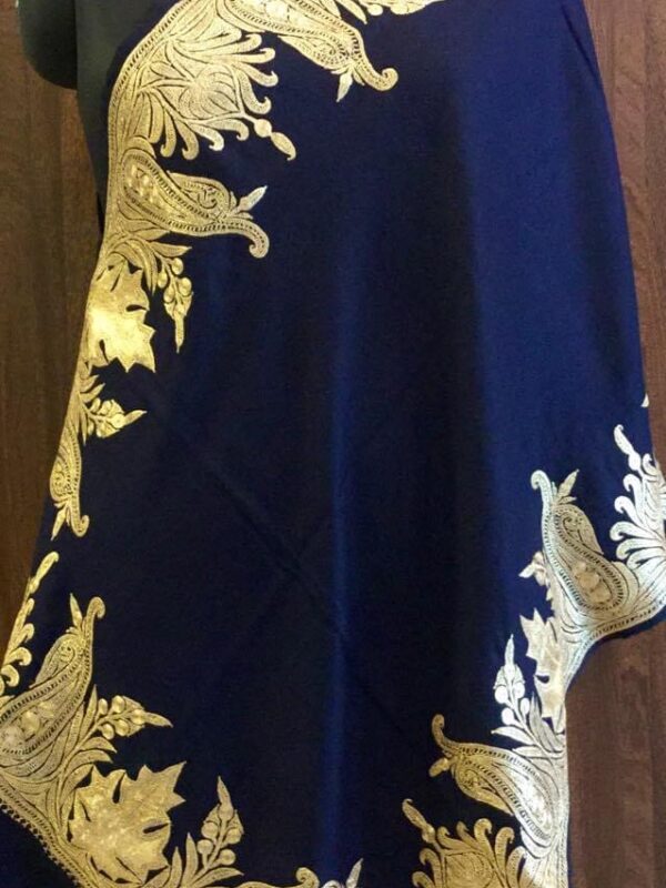 Navy Blue Pure Wool Shawl with Gold Tilla Hand Embroidery
