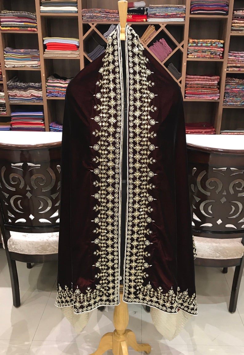 Wine Velvet Orni with Cut-Dana and Pearl Hand Work Front (Dummy)